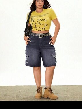 SHEIN Dark Wash Distressed Denim Bermuda Shorts